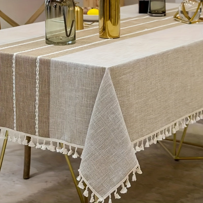 1pc Khaki Tassel Tablecloth | Polyester Simple Style Table Cover, Perfect for Dining Room, Living Room, Dining Table Decor, Elegant Rectangular Home Decor Christmas