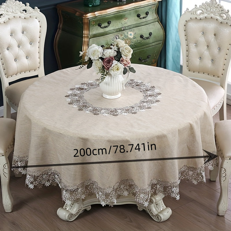 1pc, Exquisite Grey Linen Embroidery Lace Round Table Cloth, Lace Embroidery High Quality Grease Table Cover, Christmas, Halloween, Wedding Party Holiday Tabletop Decoration, Bohemian Style Coffee Table, Breakfast Table Shoe Cabinet Table Cover.