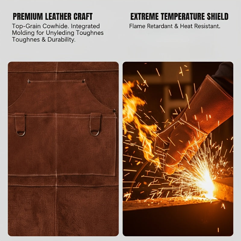 (3-Pack) One Heavy Duty Faux Leather Welding Apron + Gloves for Men - 42-Inch Heat Resistant Cowhide Work Apron with Pockets, Padded Shoulder Straps, Soft And Breathable, Extra Strong Denim Weave for Forging And Carpentry Work
