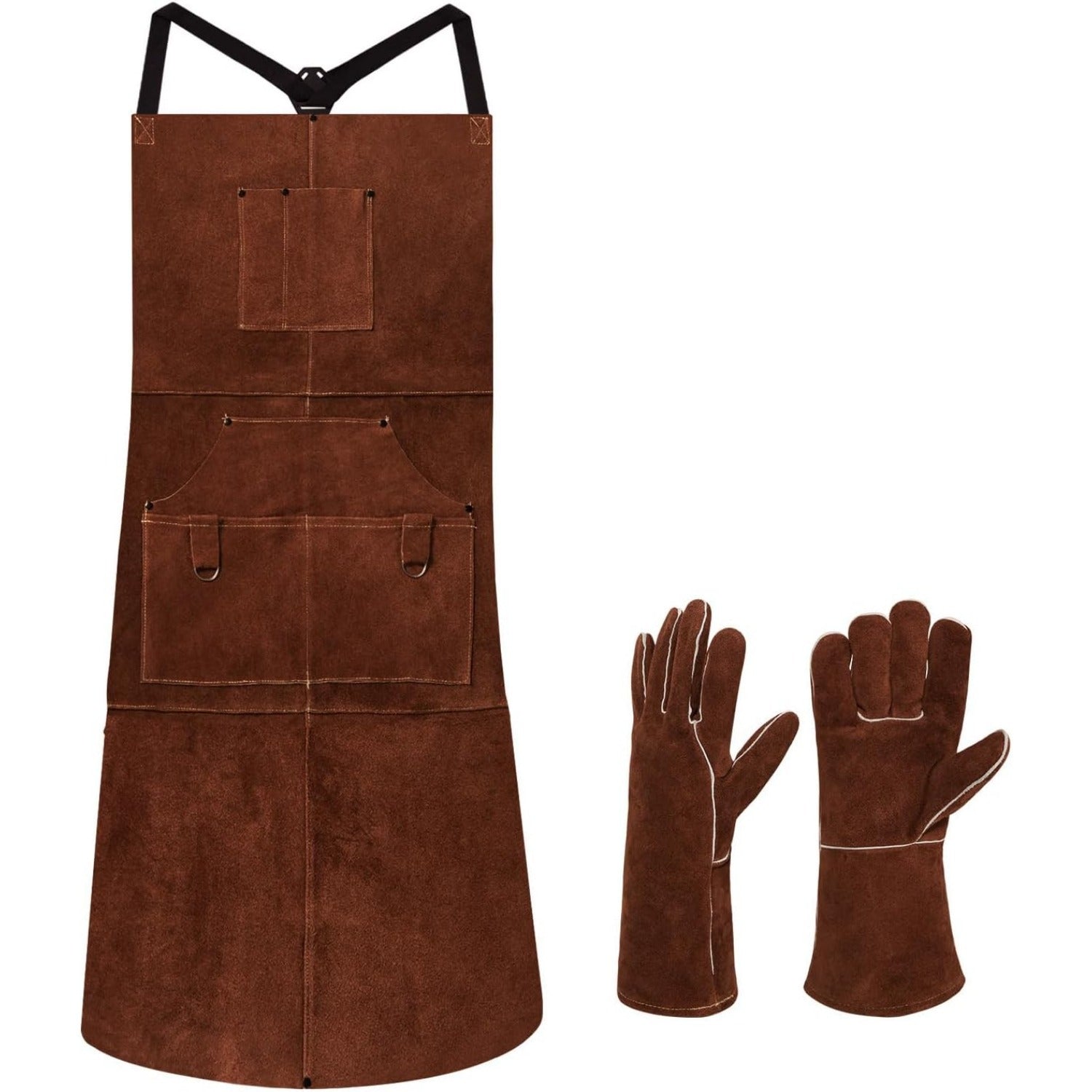 (3-Pack) One Heavy Duty Faux Leather Welding Apron + Gloves for Men - 42-Inch Heat Resistant Cowhide Work Apron with Pockets, Padded Shoulder Straps, Soft And Breathable, Extra Strong Denim Weave for Forging And Carpentry Work