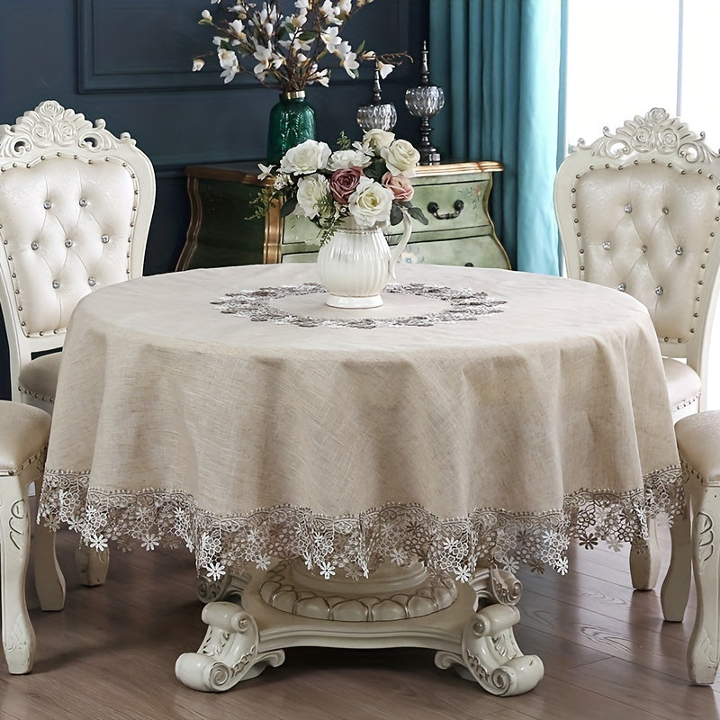 1pc, Exquisite Grey Linen Embroidery Lace Round Table Cloth, Lace Embroidery High Quality Grease Table Cover, Christmas, Halloween, Wedding Party Holiday Tabletop Decoration, Bohemian Style Coffee Table, Breakfast Table Shoe Cabinet Table Cover.