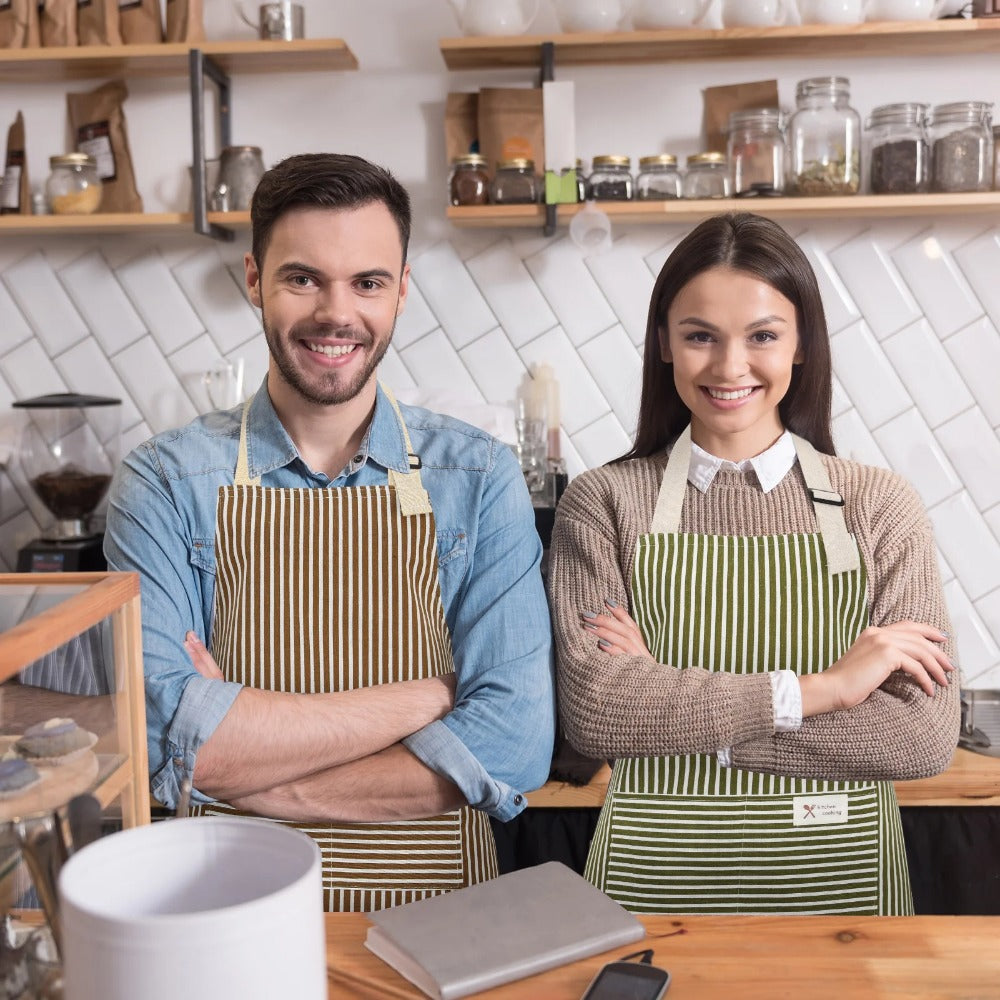 3 Pack Women'S Adjustable Aprons with Pockets - Soft Kitchen Aprons, Durable & Easy-Clean, Stylish Vertical Striped Design in \u002FGreenBrown - Ideal for Cooking, Baking, Grilling, BBQ, Crafting - Practical with Chest Pocket & Adjustable Ties - Ideal Gi