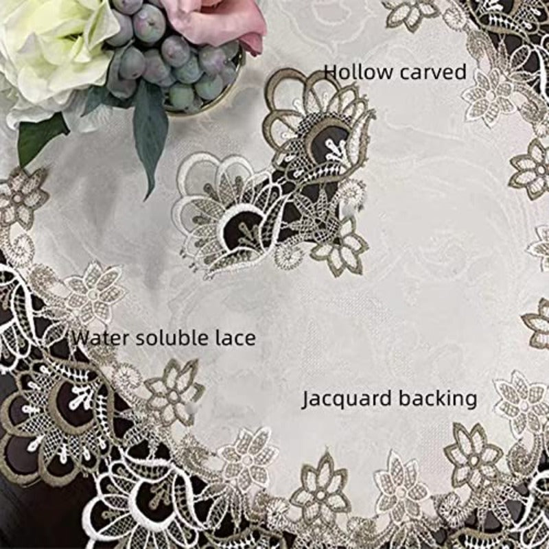 Beige Lace Tablecloth with Embroidery, Suitable for Oval Coffee Tables, Designed to Cover And Protect from Dust, Measuring 23.6'' X 47''. Can Be Used on Washing Machines And Refrigerators
