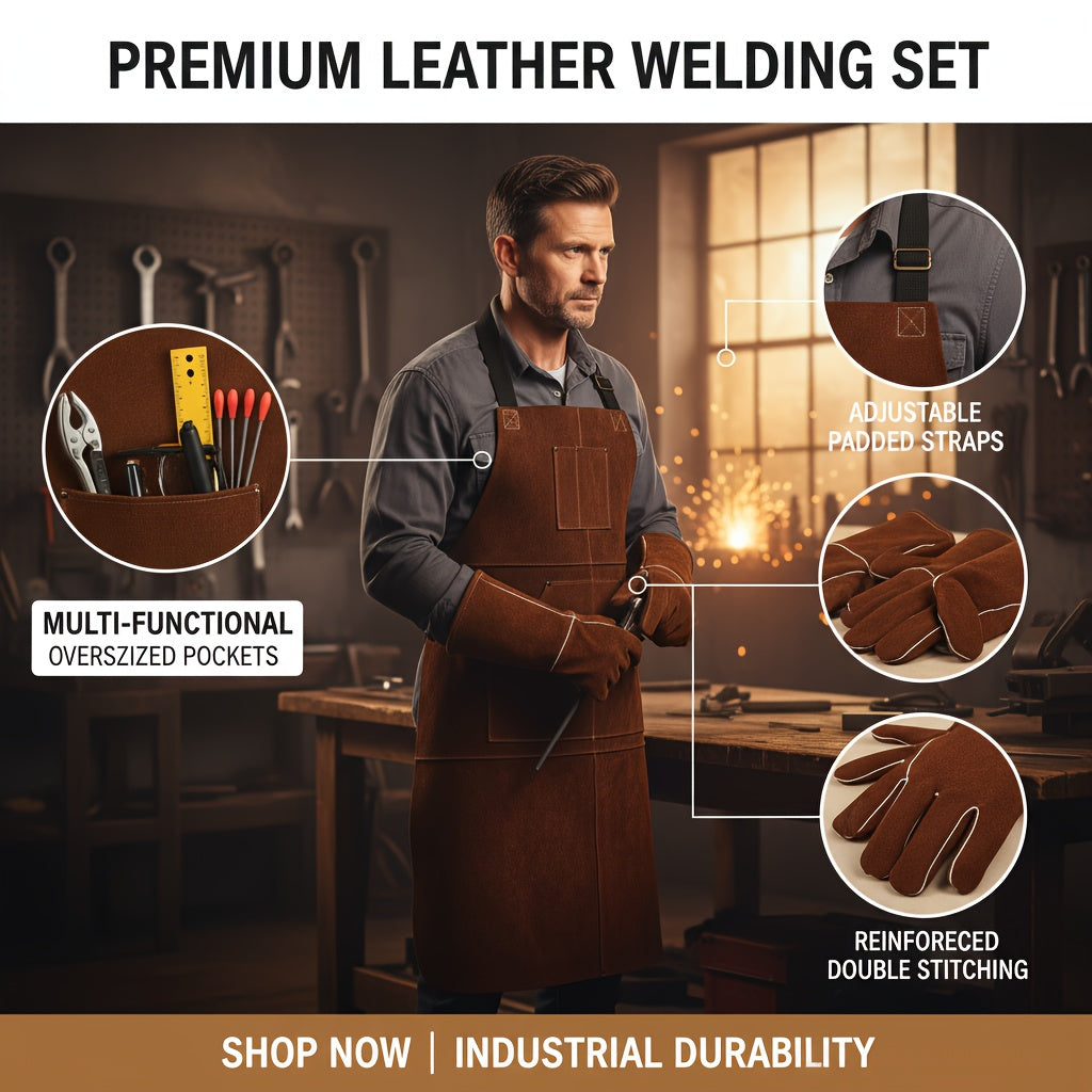 (3-Pack) One Heavy Duty Faux Leather Welding Apron + Gloves for Men - 42-Inch Heat Resistant Cowhide Work Apron with Pockets, Padded Shoulder Straps, Soft And Breathable, Extra Strong Denim Weave for Forging And Carpentry Work