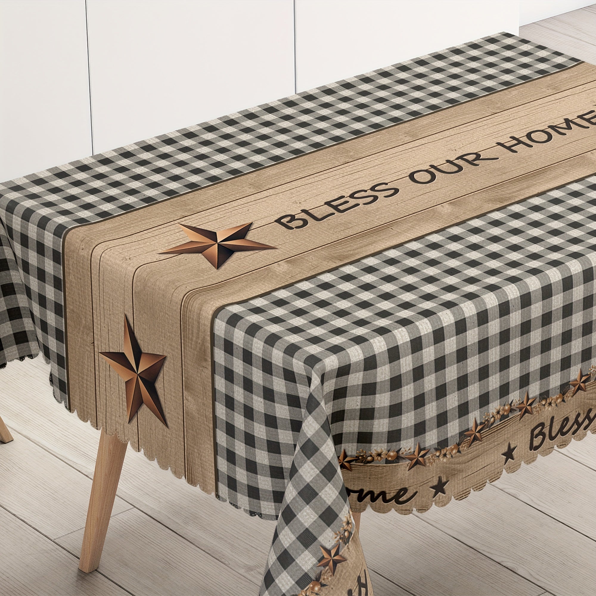 1pc Farmhouse Style Vintage Country Star Black Plaid | Decorative Dining Cloth, Polyester, Round & Rectangular Tablecloth, Indoor\u002FOutdoor, Stain &, Wrinkle-Free, Easy Care, Edge Embossed, Washable, Suitable for Dinner Party, Wedding, Home