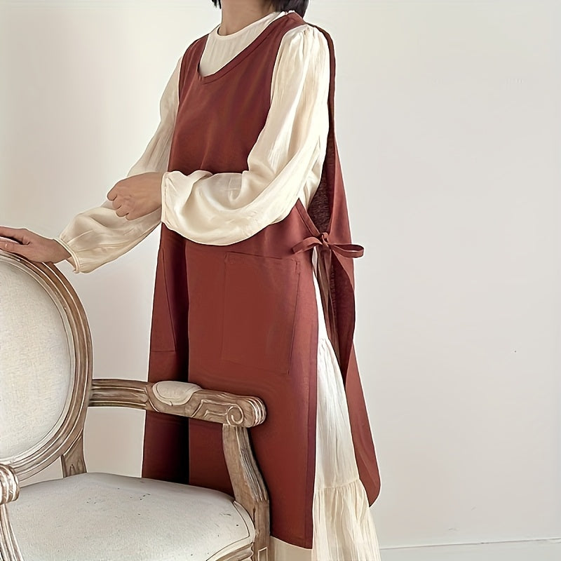 A Single Piece, Japanese-Style Apron Dress for Women, Featuring a Waist Tie And Two Pockets.