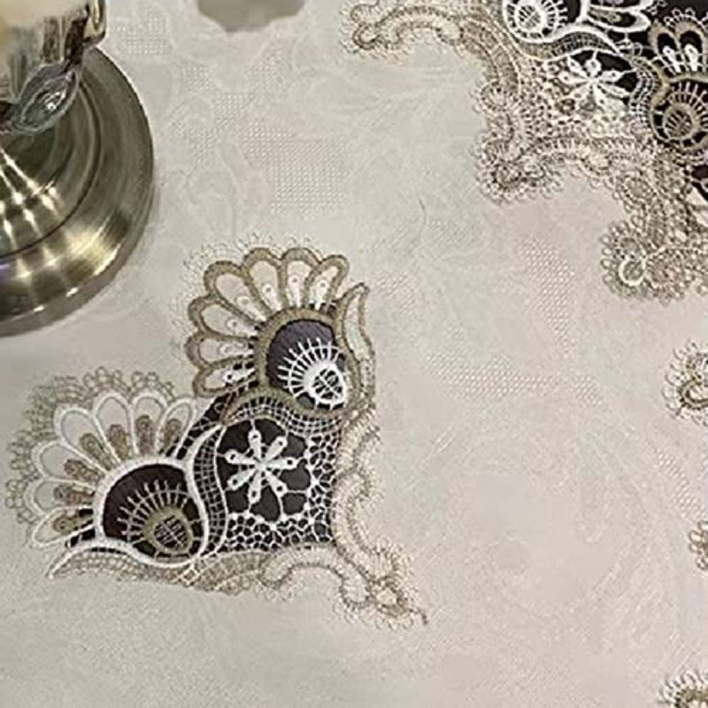 Beige Lace Tablecloth with Embroidery, Suitable for Oval Coffee Tables, Designed to Cover And Protect from Dust, Measuring 23.6'' X 47''. Can Be Used on Washing Machines And Refrigerators
