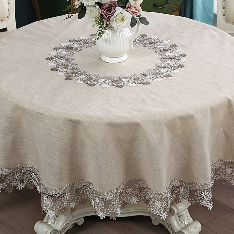 1pc, Exquisite Grey Linen Embroidery Lace Round Table Cloth, Lace Embroidery High Quality Grease Table Cover, Christmas, Halloween, Wedding Party Holiday Tabletop Decoration, Bohemian Style Coffee Table, Breakfast Table Shoe Cabinet Table Cover.