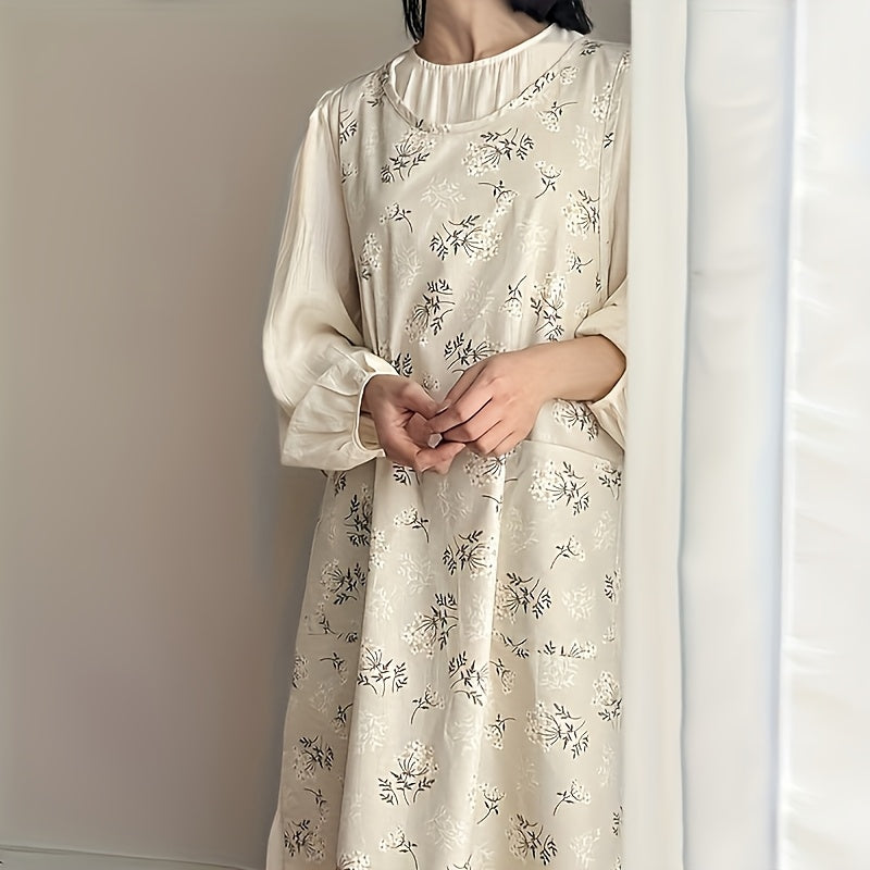 A Single Piece, Japanese-Style Apron Dress for Women, Featuring a Waist Tie And Two Pockets.
