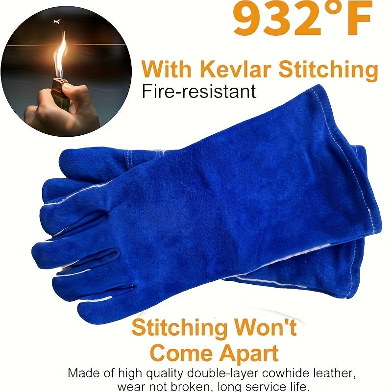 A Set of Durable Cowhide Gloves Designed for Heavy-Duty Work, Featuring High Heat Resistance, Flame Retardant Properties, And Wear Resistance. These Extended Welding Gloves Are Ideal for Driving, Gardening, Agriculture, And Handling Tasks