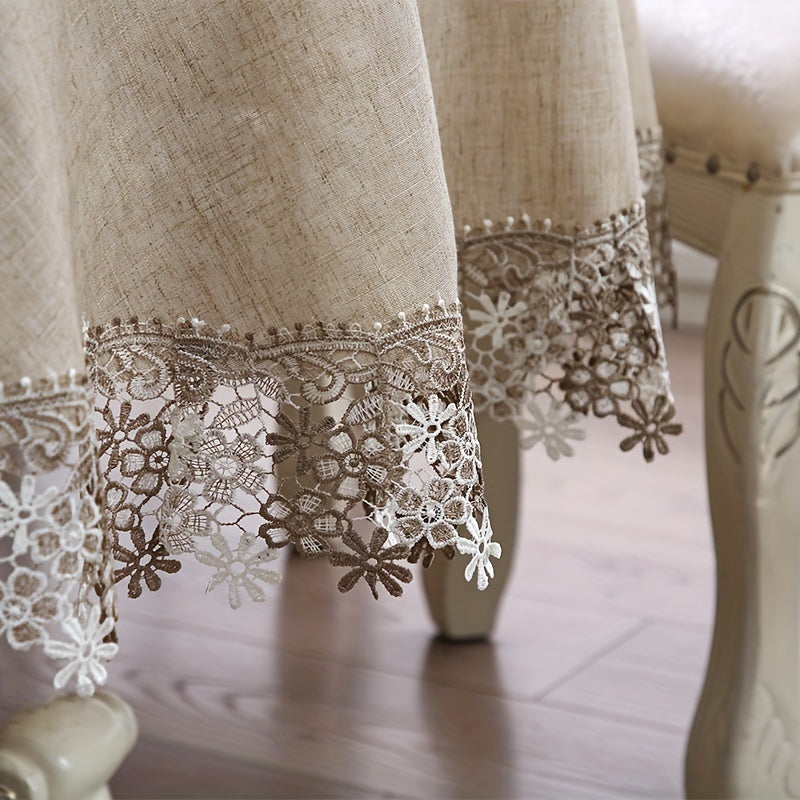 1pc, Exquisite Grey Linen Embroidery Lace Round Table Cloth, Lace Embroidery High Quality Grease Table Cover, Christmas, Halloween, Wedding Party Holiday Tabletop Decoration, Bohemian Style Coffee Table, Breakfast Table Shoe Cabinet Table Cover.