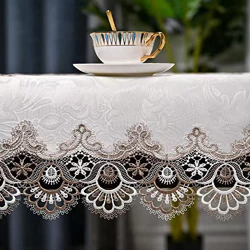 Beige Lace Tablecloth with Embroidery, Suitable for Oval Coffee Tables, Designed to Cover And Protect from Dust, Measuring 23.6'' X 47''. Can Be Used on Washing Machines And Refrigerators