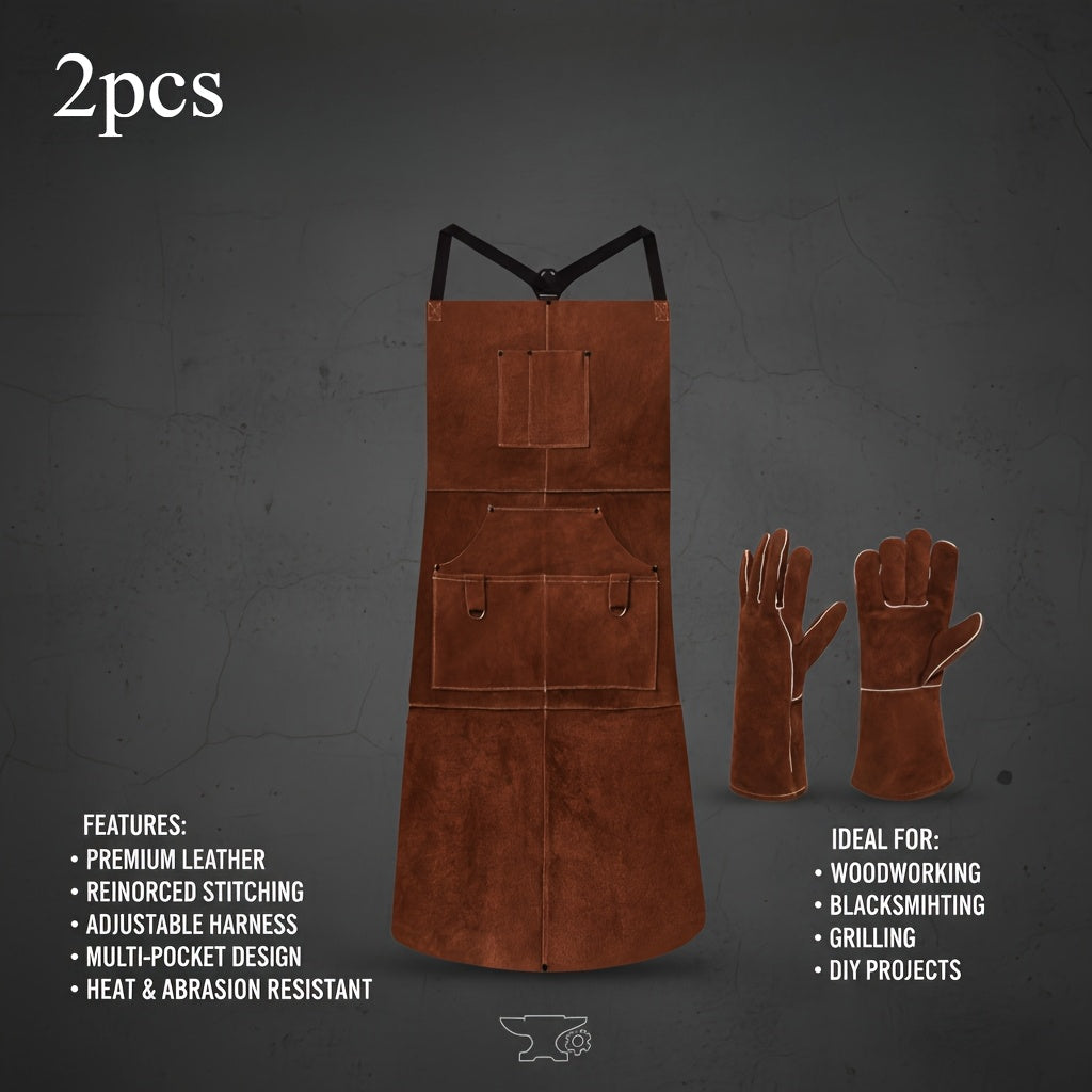 (3-Pack) One Heavy Duty Faux Leather Welding Apron + Gloves for Men - 42-Inch Heat Resistant Cowhide Work Apron with Pockets, Padded Shoulder Straps, Soft And Breathable, Extra Strong Denim Weave for Forging And Carpentry Work