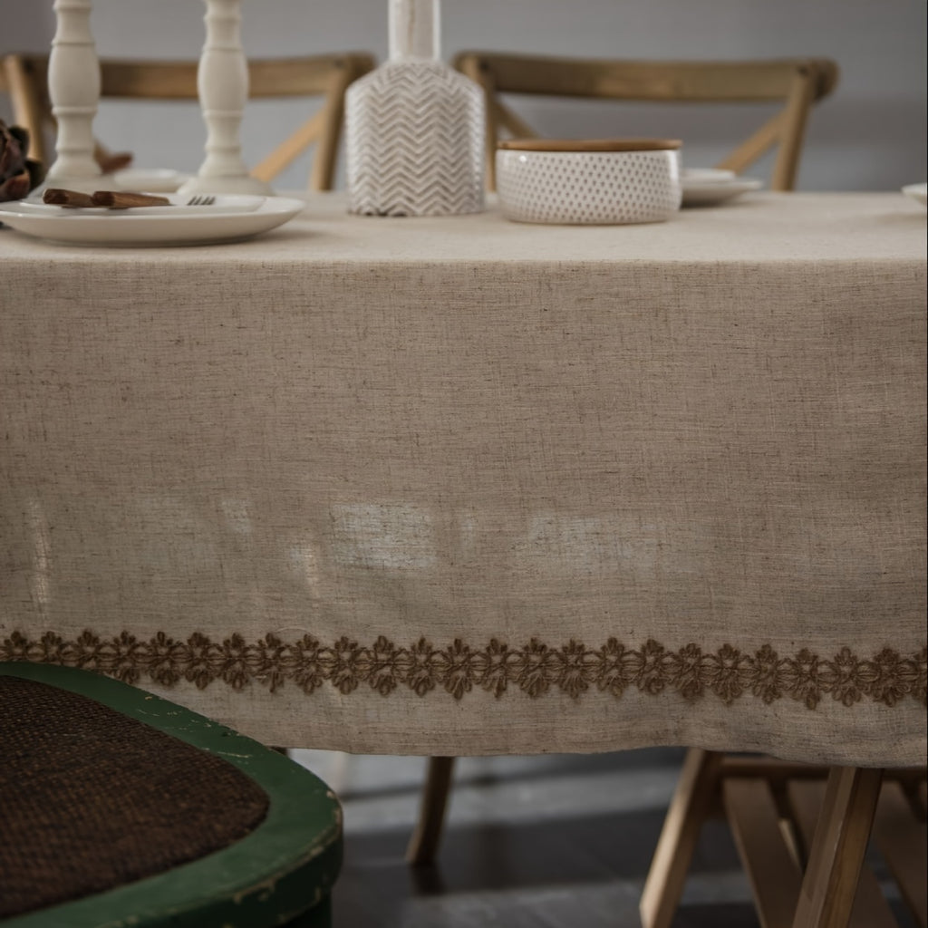 1pc, Rectangular Beige Linen Tablecloth, Fireplace Decoration, Fine Holiday Dining Kitchen Tabletop Decoration, Wedding, Banquet, Christmas Home Decoration, Bohemian Style Picnic Cloth.