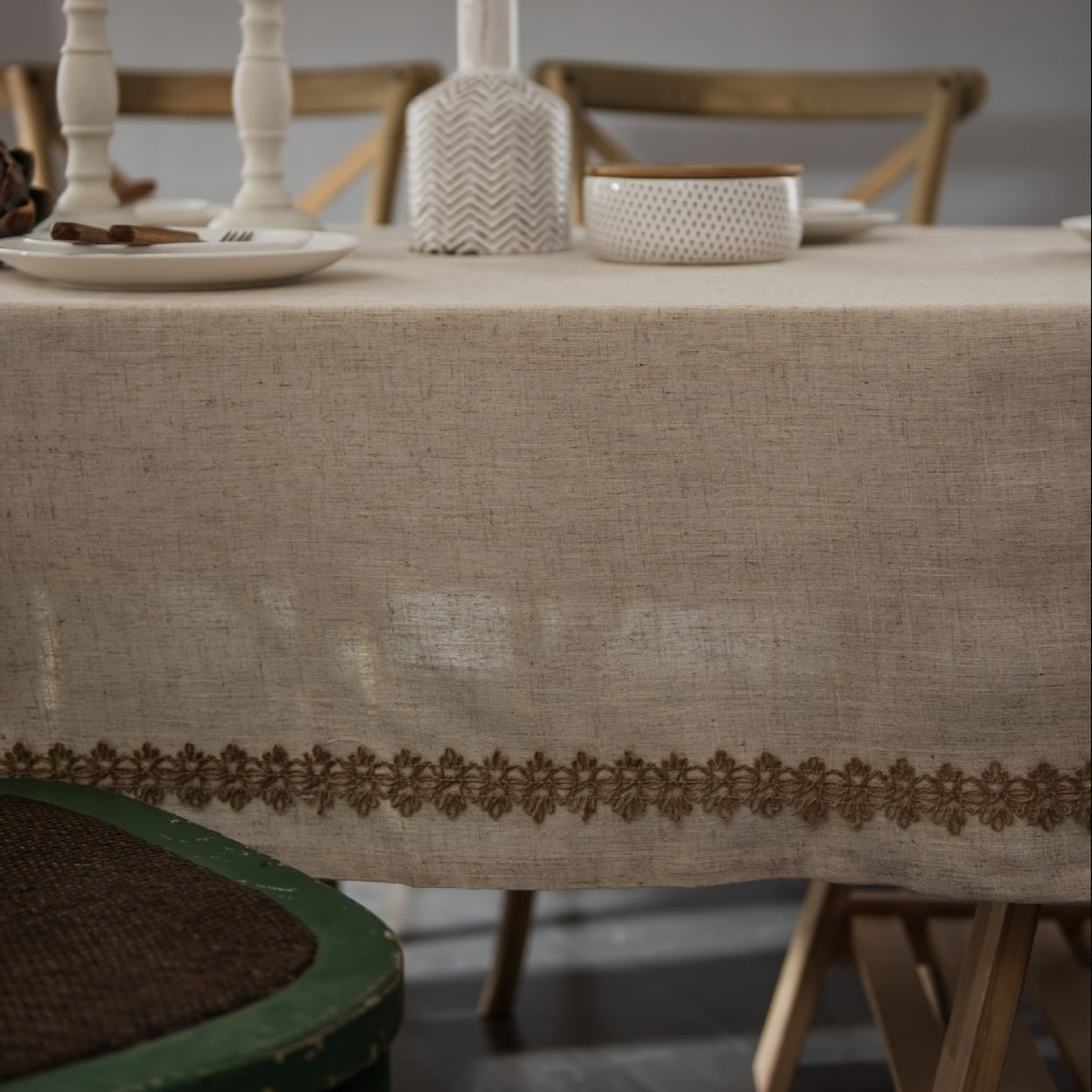 1pc, Rectangular Beige Linen Tablecloth, Fireplace Decoration, Fine Holiday Dining Kitchen Tabletop Decoration, Wedding, Banquet, Christmas Home Decoration, Bohemian Style Picnic Cloth.