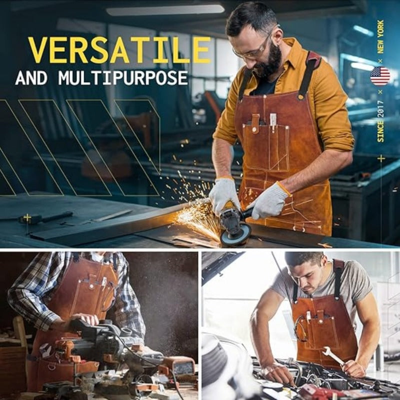 (3-Pack) One Heavy Duty Faux Leather Welding Apron + Gloves for Men - 42-Inch Heat Resistant Cowhide Work Apron with Pockets, Padded Shoulder Straps, Soft And Breathable, Extra Strong Denim Weave for Forging And Carpentry Work