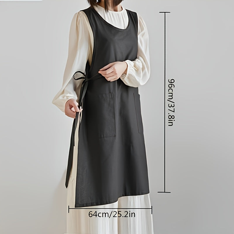 A Single Piece, Japanese-Style Apron Dress for Women, Featuring a Waist Tie And Two Pockets.