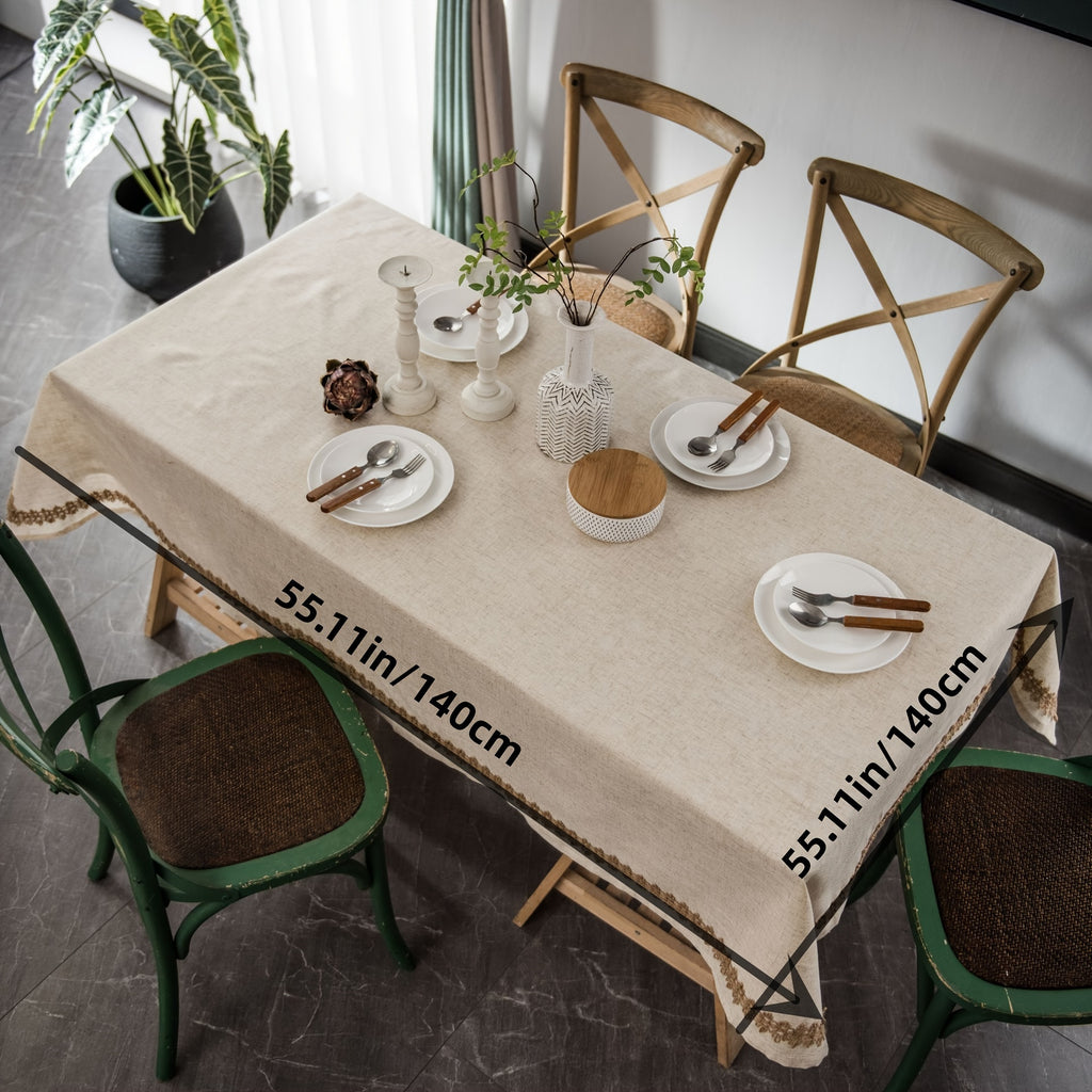 1pc, Rectangular Beige Linen Tablecloth, Fireplace Decoration, Fine Holiday Dining Kitchen Tabletop Decoration, Wedding, Banquet, Christmas Home Decoration, Bohemian Style Picnic Cloth.