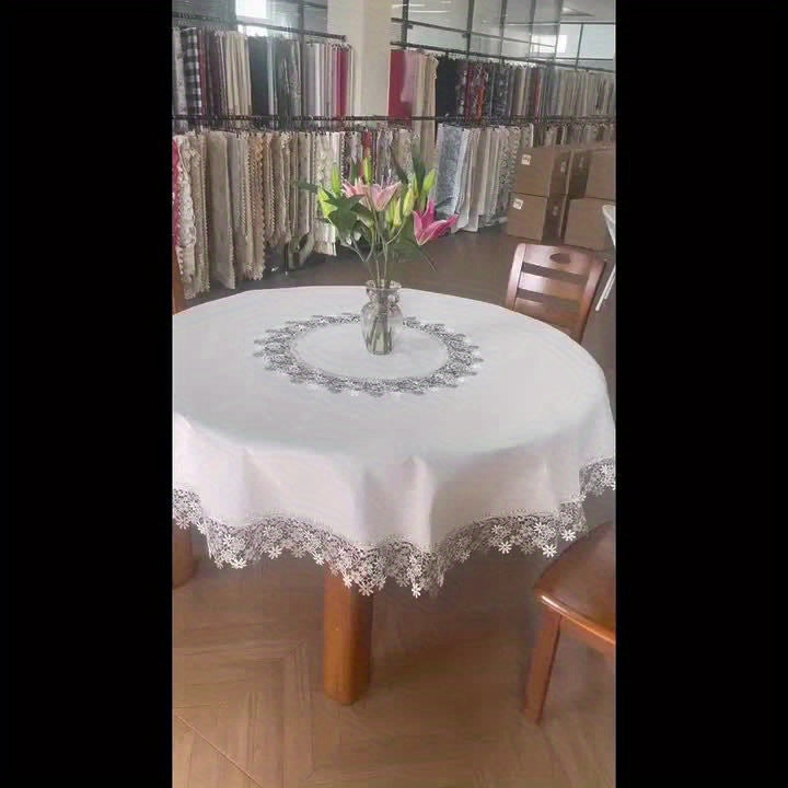 1pc, Exquisite Grey Linen Embroidery Lace Round Table Cloth, Lace Embroidery High Quality Grease Table Cover, Christmas, Halloween, Wedding Party Holiday Tabletop Decoration, Bohemian Style Coffee Table, Breakfast Table Shoe Cabinet Table Cover.