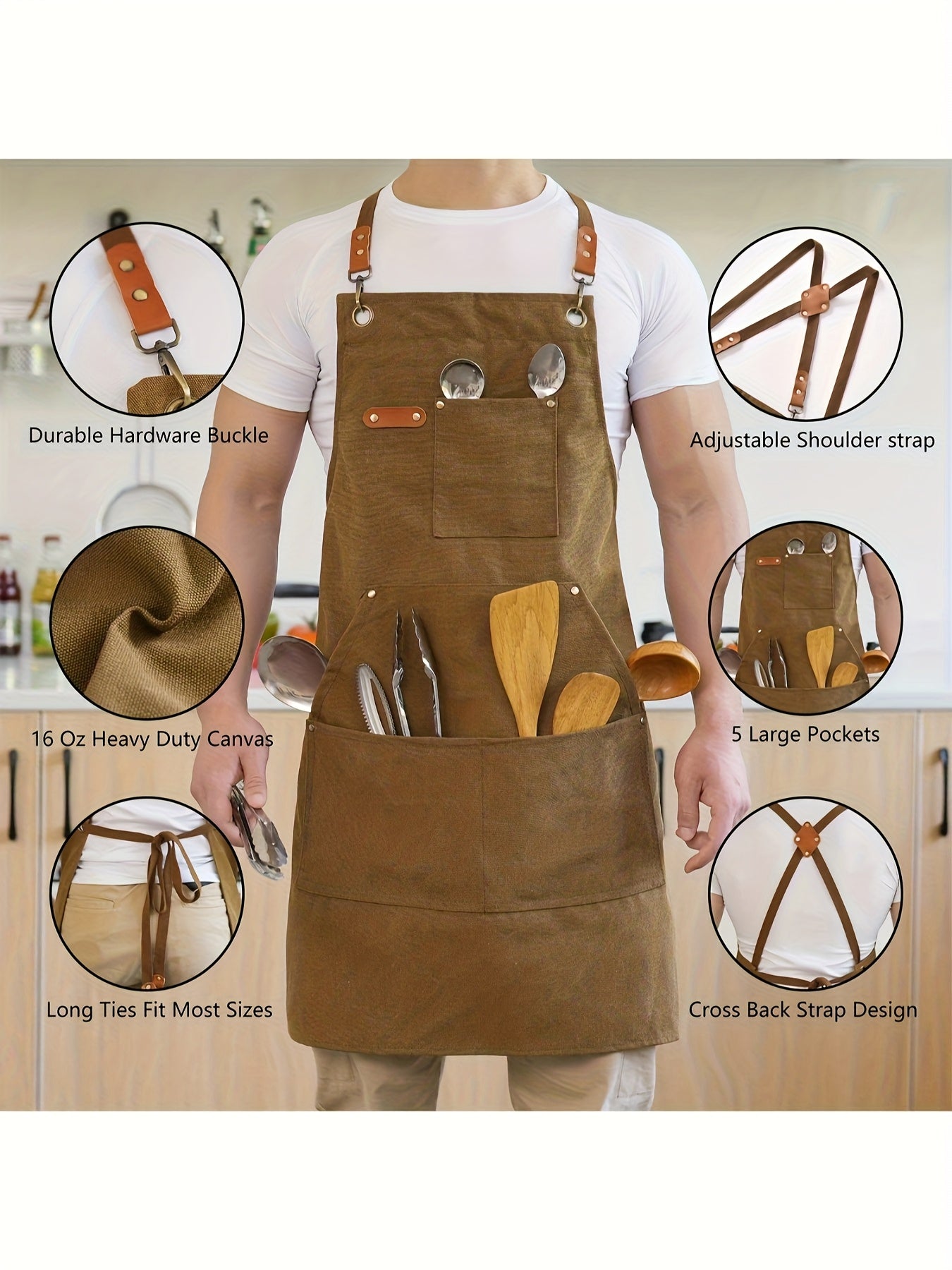 Heavy-Duty 16oz Canvas Apron for Tough Guys - Adjustable Straps + Metal Buckles + 5 Large Pockets, Perfect for Kitchen Baking\u002FGardening & Workshop Use with Cross-Back Design to Fit All Body Types!