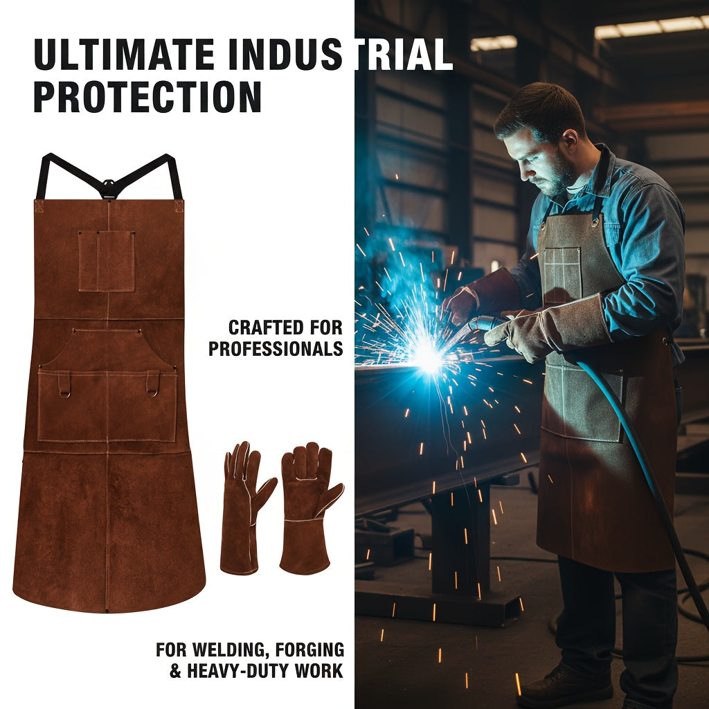 (3-Pack) One Heavy Duty Faux Leather Welding Apron + Gloves for Men - 42-Inch Heat Resistant Cowhide Work Apron with Pockets, Padded Shoulder Straps, Soft And Breathable, Extra Strong Denim Weave for Forging And Carpentry Work