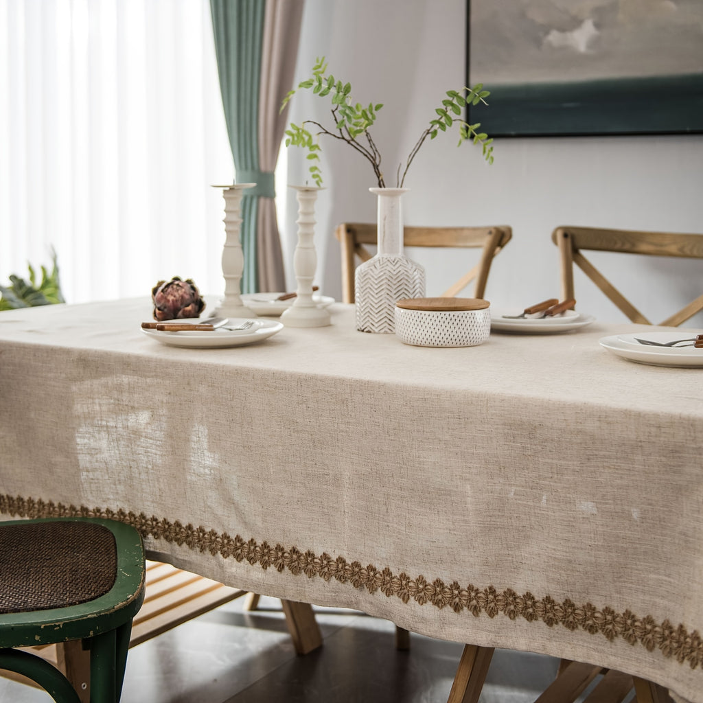 1pc, Rectangular Beige Linen Tablecloth, Fireplace Decoration, Fine Holiday Dining Kitchen Tabletop Decoration, Wedding, Banquet, Christmas Home Decoration, Bohemian Style Picnic Cloth.