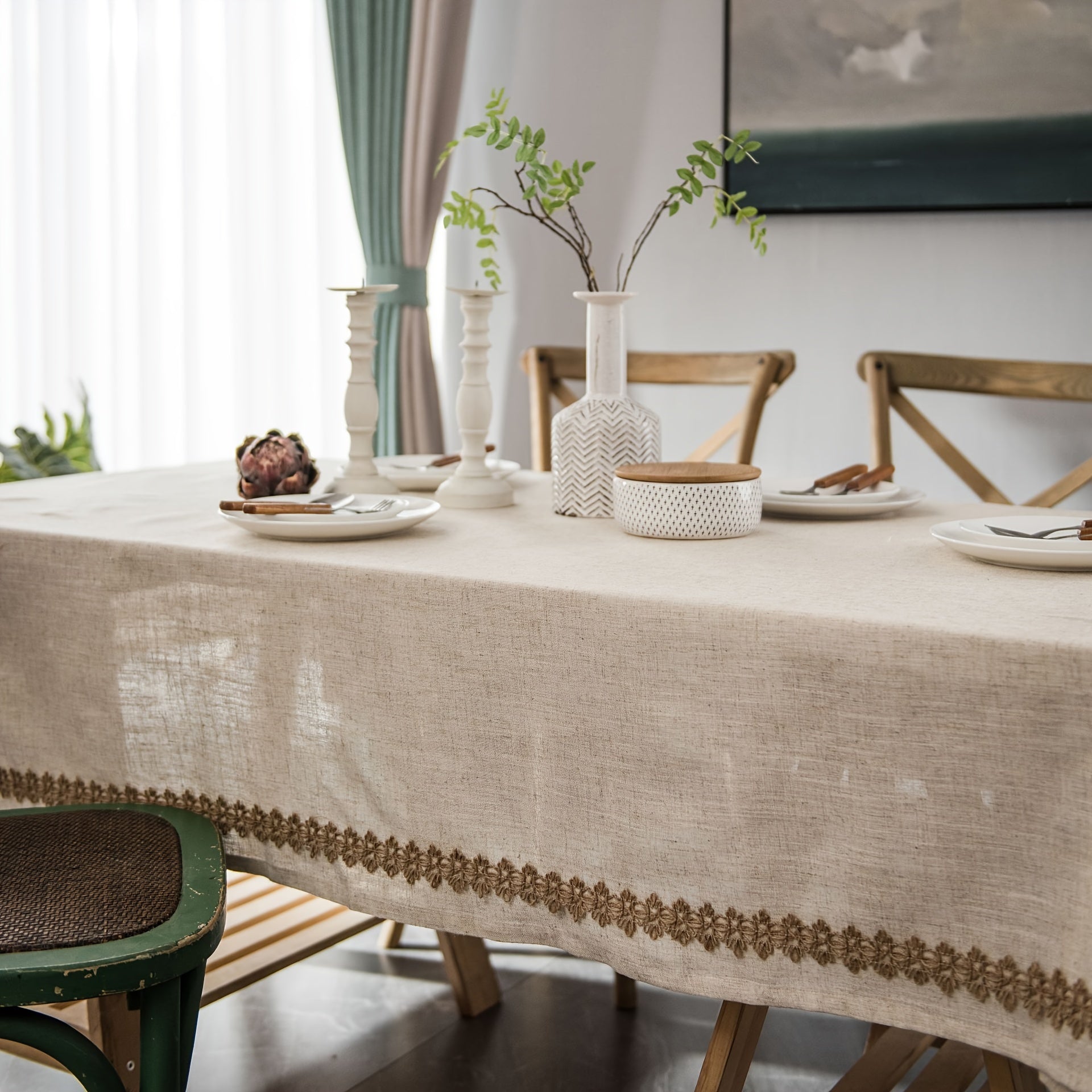 1pc, Rectangular Beige Linen Tablecloth, Fireplace Decoration, Fine Holiday Dining Kitchen Tabletop Decoration, Wedding, Banquet, Christmas Home Decoration, Bohemian Style Picnic Cloth.