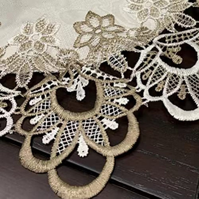 Beige Lace Tablecloth with Embroidery, Suitable for Oval Coffee Tables, Designed to Cover And Protect from Dust, Measuring 23.6'' X 47''. Can Be Used on Washing Machines And Refrigerators