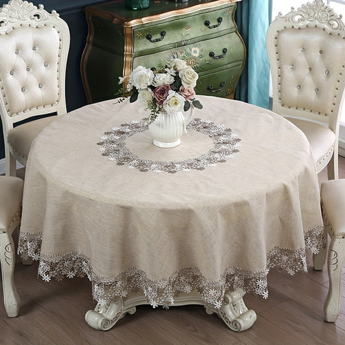 1pc, Exquisite Grey Linen Embroidery Lace Round Table Cloth, Lace Embroidery High Quality Grease Table Cover, Christmas, Halloween, Wedding Party Holiday Tabletop Decoration, Bohemian Style Coffee Table, Breakfast Table Shoe Cabinet Table Cover.