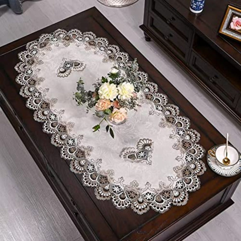 Beige Lace Tablecloth with Embroidery, Suitable for Oval Coffee Tables, Designed to Cover And Protect from Dust, Measuring 23.6'' X 47''. Can Be Used on Washing Machines And Refrigerators