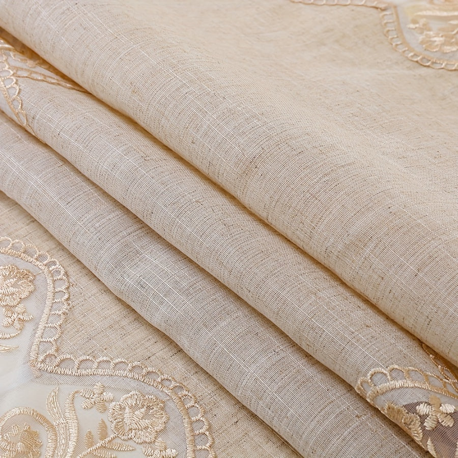 1pc, Exquisite Grey Linen Embroidery Lace Round Table Cloth, Lace Embroidery High Quality Grease Table Cover, Christmas, Halloween, Wedding Party Holiday Tabletop Decoration, Bohemian Style Coffee Table, Breakfast Table Shoe Cabinet Table Cover.