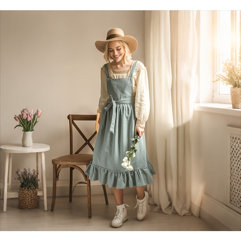 A Traditional French Linen Apron Featuring Frilled Edges, Perfect for Baking in The Kitchen, Available in a Solid Nordic Style And Various Color Options