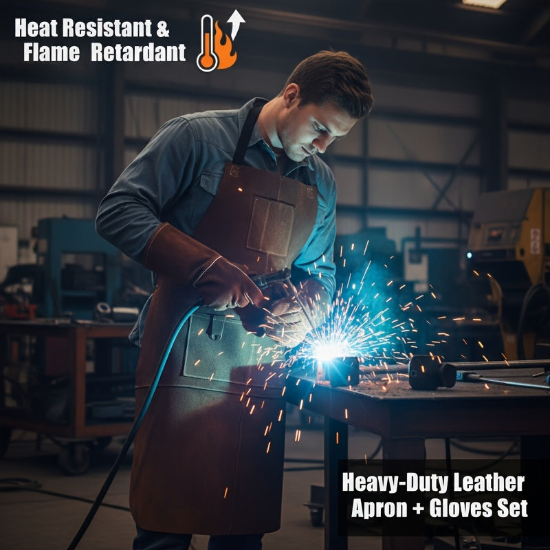 (3-Pack) One Heavy Duty Faux Leather Welding Apron + Gloves for Men - 42-Inch Heat Resistant Cowhide Work Apron with Pockets, Padded Shoulder Straps, Soft And Breathable, Extra Strong Denim Weave for Forging And Carpentry Work