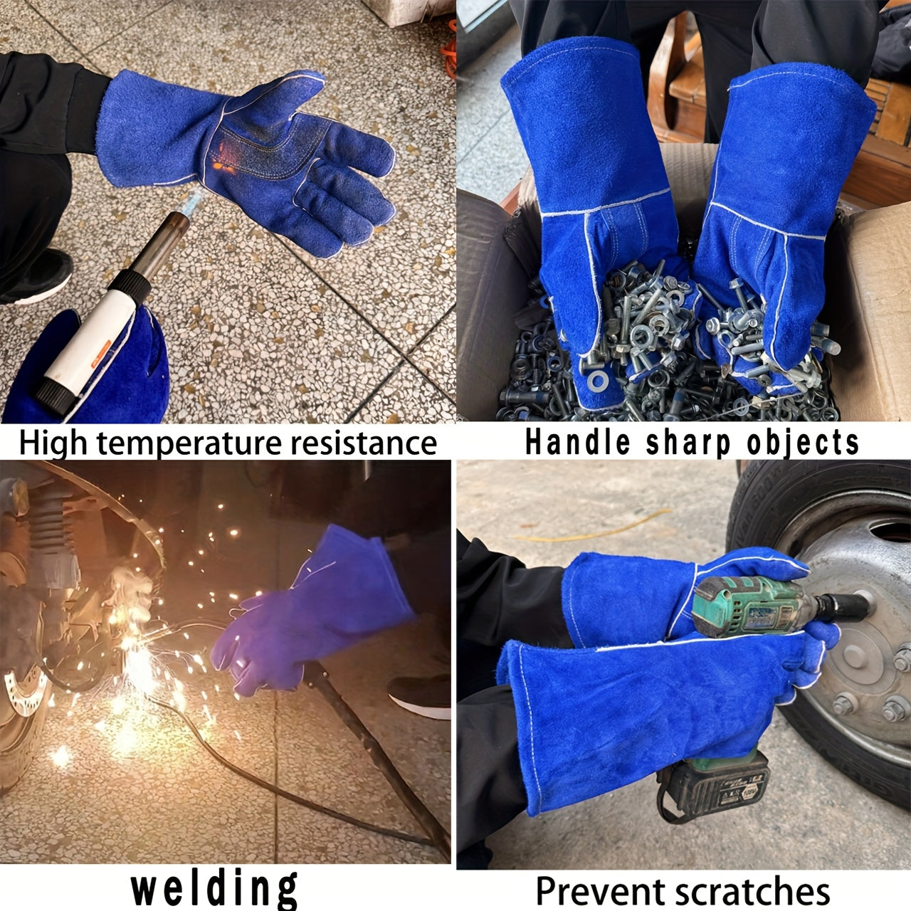 A Set of Durable Cowhide Gloves Designed for Heavy-Duty Work, Featuring High Heat Resistance, Flame Retardant Properties, And Wear Resistance. These Extended Welding Gloves Are Ideal for Driving, Gardening, Agriculture, And Handling Tasks