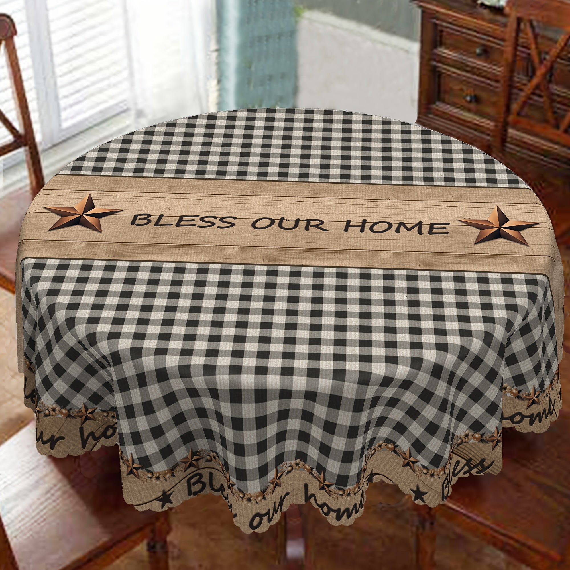 1pc Farmhouse Style Vintage Country Star Black Plaid | Decorative Dining Cloth, Polyester, Round & Rectangular Tablecloth, Indoor\u002FOutdoor, Stain &, Wrinkle-Free, Easy Care, Edge Embossed, Washable, Suitable for Dinner Party, Wedding, Home