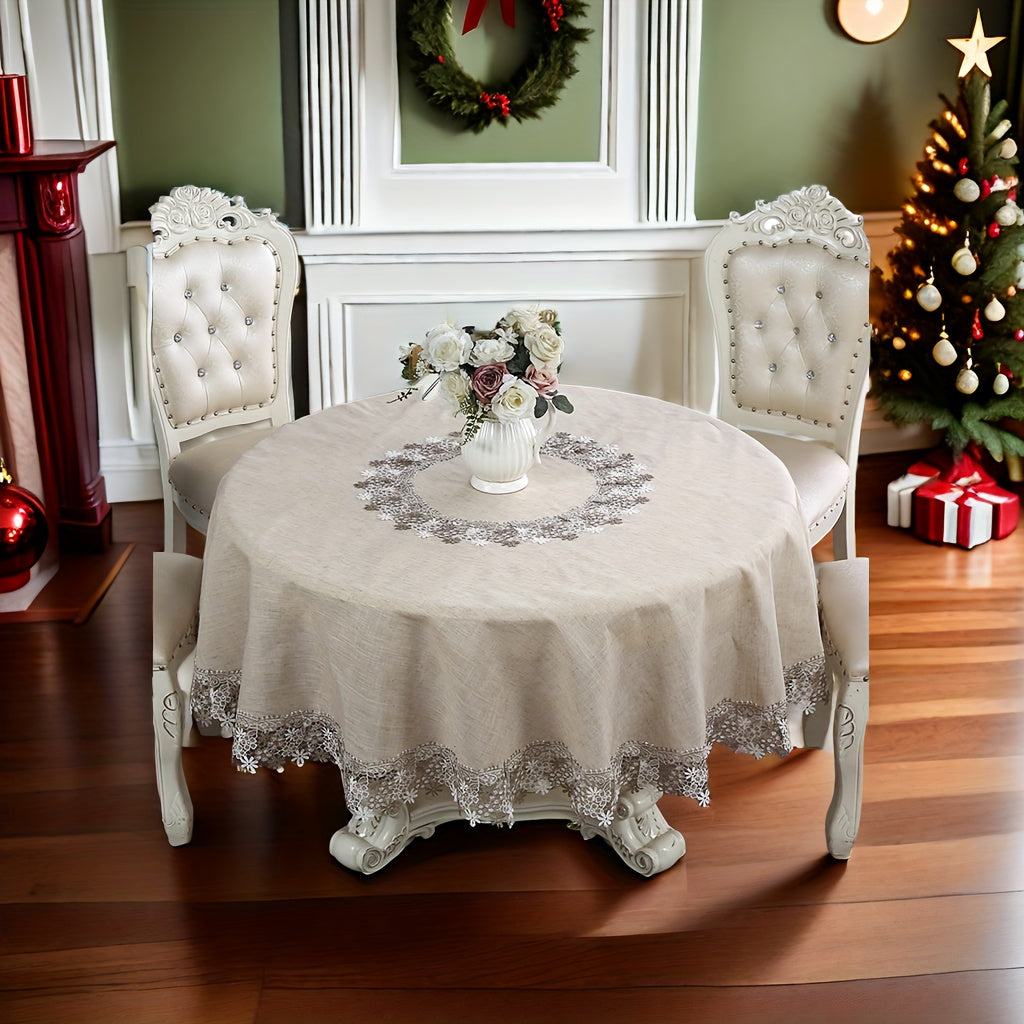 1pc, Exquisite Grey Linen Embroidery Lace Round Table Cloth, Lace Embroidery High Quality Grease Table Cover, Christmas, Halloween, Wedding Party Holiday Tabletop Decoration, Bohemian Style Coffee Table, Breakfast Table Shoe Cabinet Table Cover.