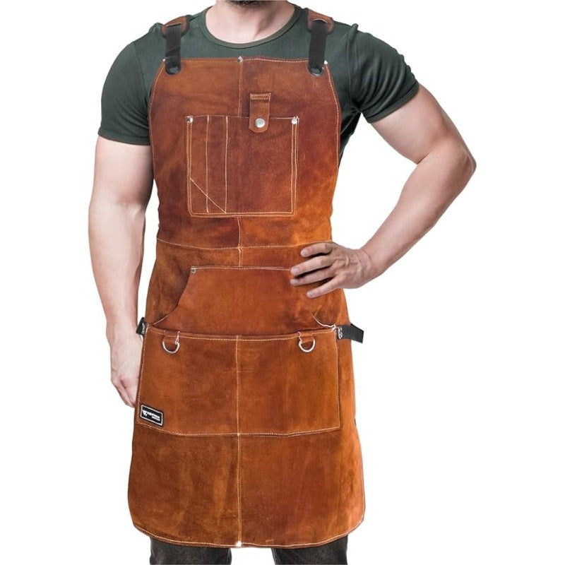 (3-Pack) One Heavy Duty Faux Leather Welding Apron + Gloves for Men - 42-Inch Heat Resistant Cowhide Work Apron with Pockets, Padded Shoulder Straps, Soft And Breathable, Extra Strong Denim Weave for Forging And Carpentry Work