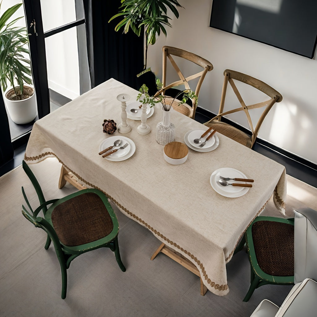 1pc, Rectangular Beige Linen Tablecloth, Fireplace Decoration, Fine Holiday Dining Kitchen Tabletop Decoration, Wedding, Banquet, Christmas Home Decoration, Bohemian Style Picnic Cloth.