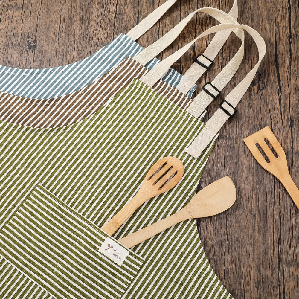 3 Pack Women'S Adjustable Aprons with Pockets - Soft Kitchen Aprons, Durable & Easy-Clean, Stylish Vertical Striped Design in \u002FGreenBrown - Ideal for Cooking, Baking, Grilling, BBQ, Crafting - Practical with Chest Pocket & Adjustable Ties - Ideal Gi