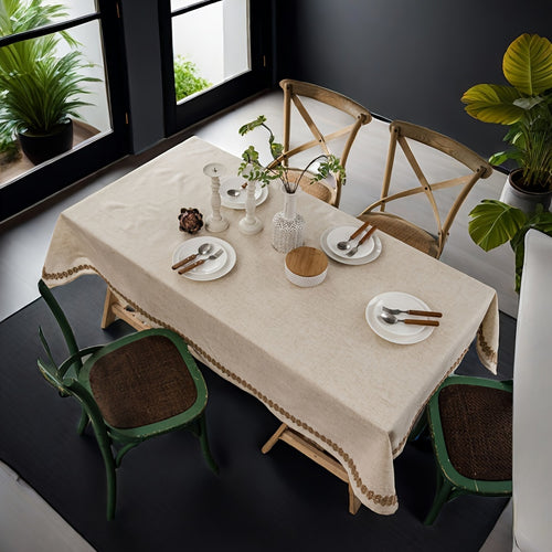 1pc, Rectangular Beige Linen Tablecloth, Fireplace Decoration, Fine Holiday Dining Kitchen Tabletop Decoration, Wedding, Banquet, Christmas Home Decoration, Bohemian Style Picnic Cloth.