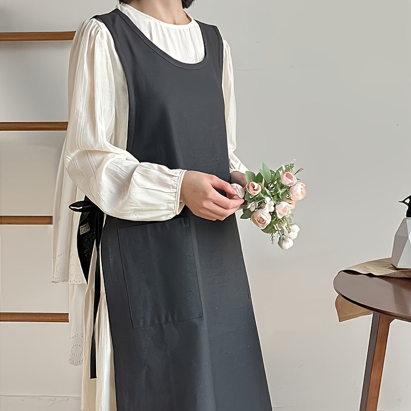 A Single Piece, Japanese-Style Apron Dress for Women, Featuring a Waist Tie And Two Pockets.