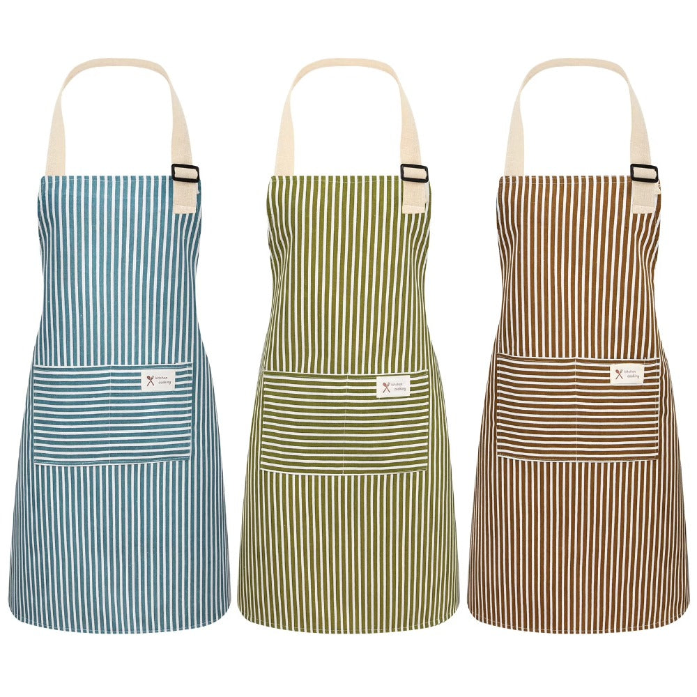 3 Pack Women'S Adjustable Aprons with Pockets - Soft Kitchen Aprons, Durable & Easy-Clean, Stylish Vertical Striped Design in \u002FGreenBrown - Ideal for Cooking, Baking, Grilling, BBQ, Crafting - Practical with Chest Pocket & Adjustable Ties - Ideal Gi