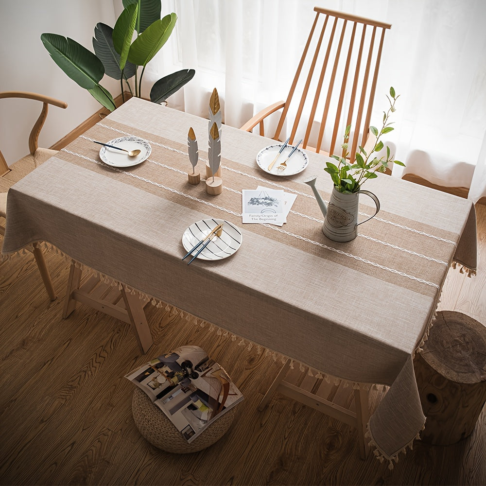 1pc Khaki Tassel Tablecloth | Polyester Simple Style Table Cover, Perfect for Dining Room, Living Room, Dining Table Decor, Elegant Rectangular Home Decor Christmas