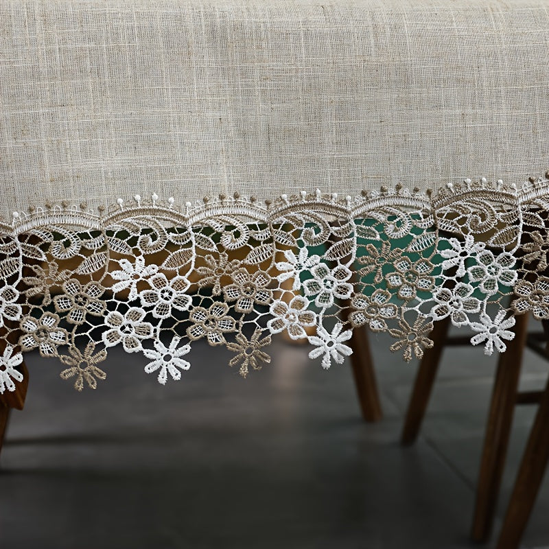 1pc, Exquisite Grey Linen Embroidery Lace Round Table Cloth, Lace Embroidery High Quality Grease Table Cover, Christmas, Halloween, Wedding Party Holiday Tabletop Decoration, Bohemian Style Coffee Table, Breakfast Table Shoe Cabinet Table Cover.