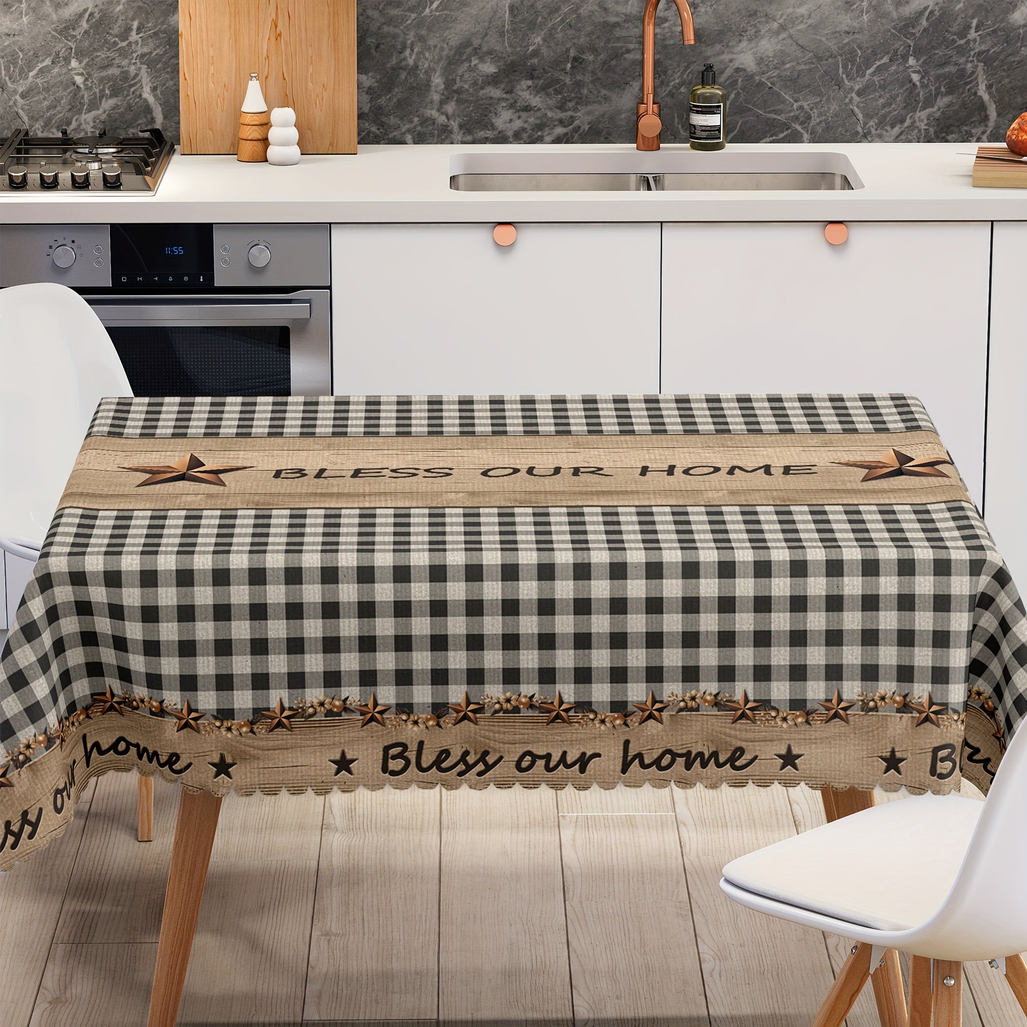1pc Farmhouse Style Vintage Country Star Black Plaid | Decorative Dining Cloth, Polyester, Round & Rectangular Tablecloth, Indoor\u002FOutdoor, Stain &, Wrinkle-Free, Easy Care, Edge Embossed, Washable, Suitable for Dinner Party, Wedding, Home
