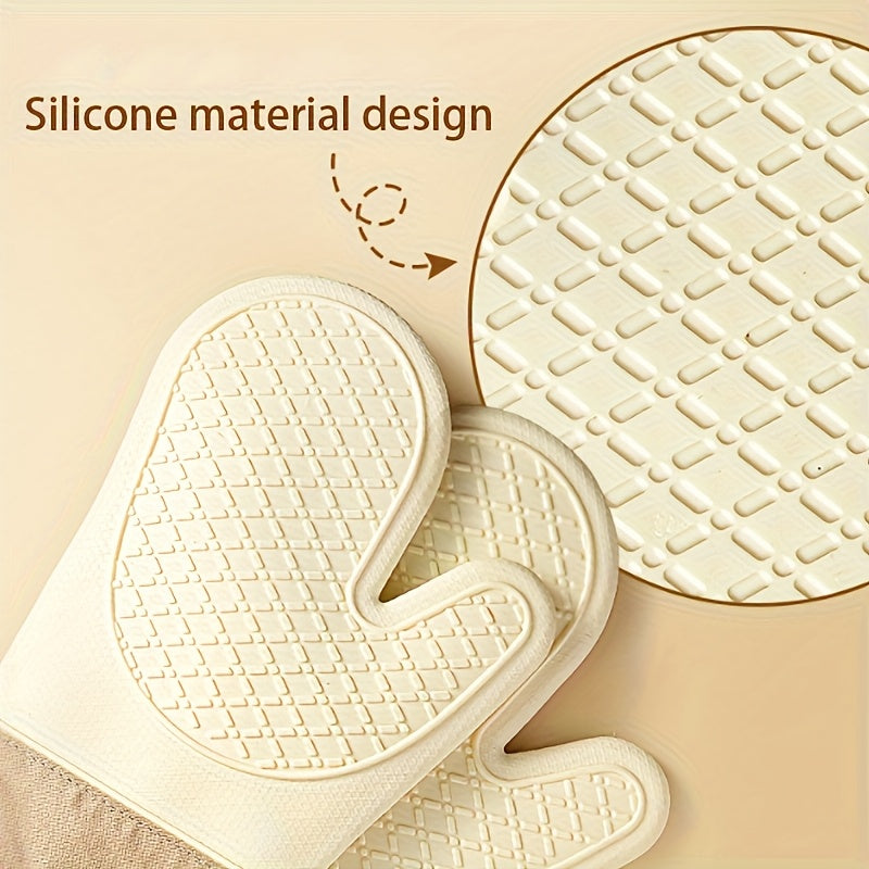 Two Oven Mitts Kitchen Heat Insulation Anti-scald Gloves Baking Thickened Silicone High Temperature Microwave Oven Mitts Non-slip