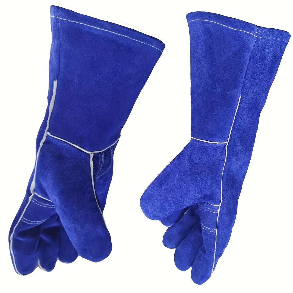 A Set of Durable Cowhide Gloves Designed for Heavy-Duty Work, Featuring High Heat Resistance, Flame Retardant Properties, And Wear Resistance. These Extended Welding Gloves Are Ideal for Driving, Gardening, Agriculture, And Handling Tasks