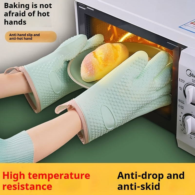 2pcs Set, a Pair of Thickened Heat-resistant Oven Mitts, Non-slip Silicone Gloves, Breathable Kitchen Oven Mitts, Gloves Surface Can Be Rinsed Directly with Water, High-temperature Resistant Baking Microwave Gloves, Suitable for Kitchen Cooking