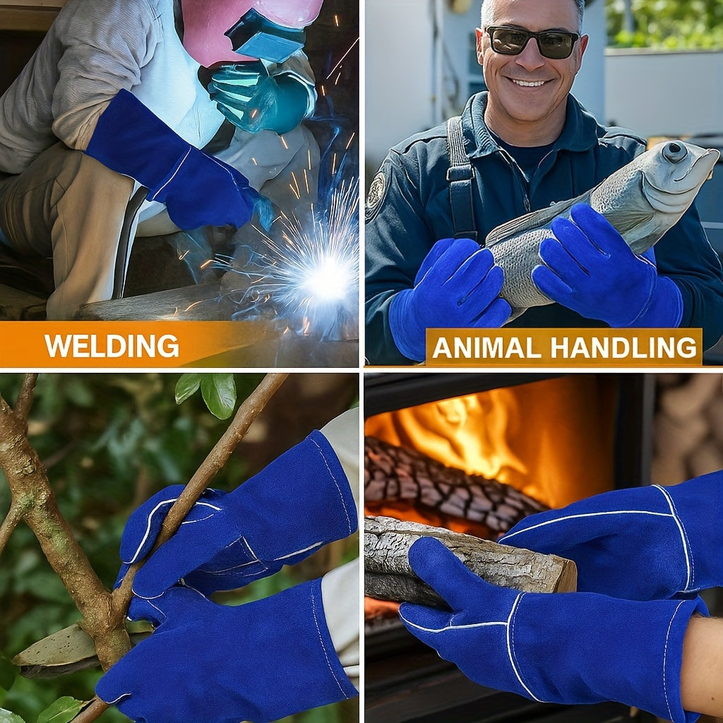 A Set of Durable Cowhide Gloves Designed for Heavy-Duty Work, Featuring High Heat Resistance, Flame Retardant Properties, And Wear Resistance. These Extended Welding Gloves Are Ideal for Driving, Gardening, Agriculture, And Handling Tasks