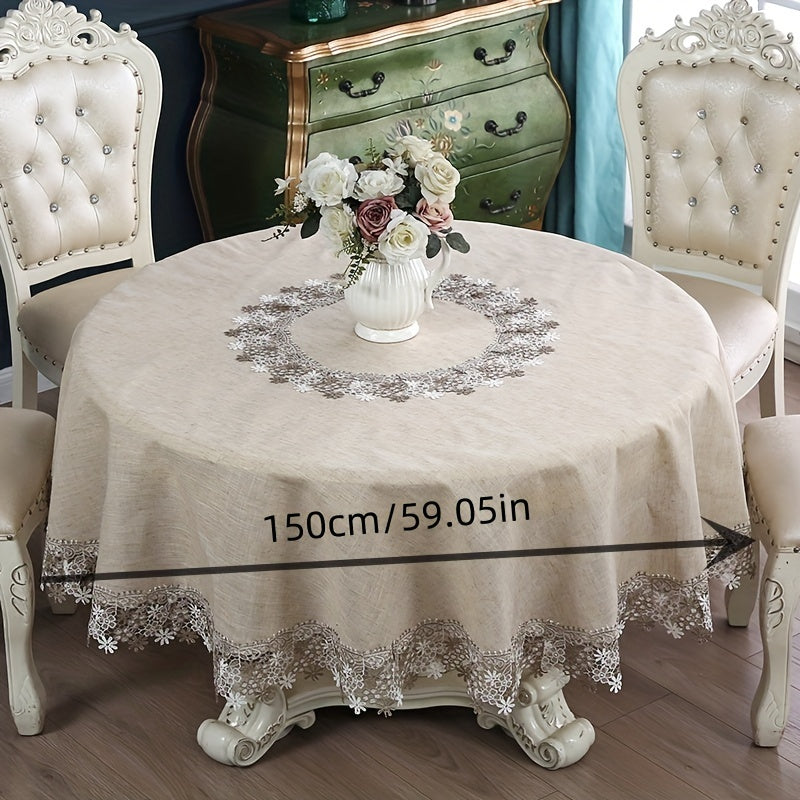 1pc, Exquisite Grey Linen Embroidery Lace Round Table Cloth, Lace Embroidery High Quality Grease Table Cover, Christmas, Halloween, Wedding Party Holiday Tabletop Decoration, Bohemian Style Coffee Table, Breakfast Table Shoe Cabinet Table Cover.